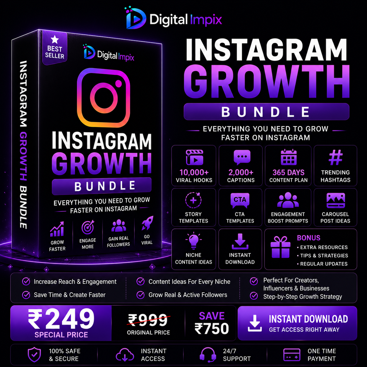 Instagram Growth Bundle | 10,000+ Viral Hooks, Captions & Content Ideas