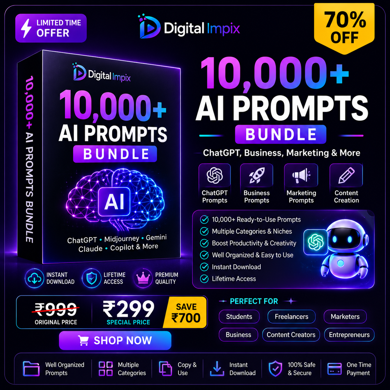 10,000+ AI Prompts Bundle | ChatGPT, Business, Marketing & Content Creation